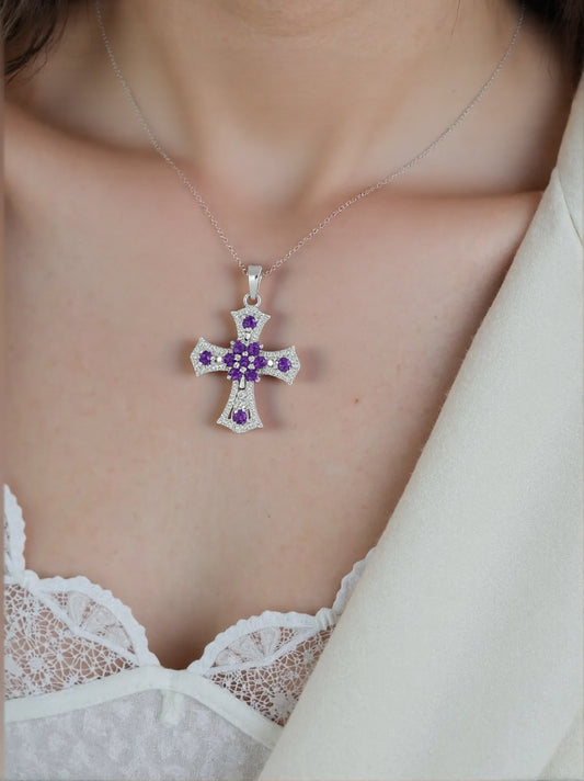 African Amethyst Cross Pendant in 925 Sterling Silver
