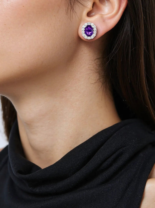 African Amethyst Halo Stud Earrings in 925 Sterling Silver