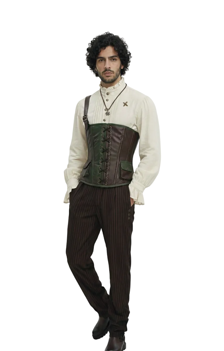 The Ironwood Ranger: Men’s Asymmetric Leather Harness Vest | Green & Brown Two-Tone