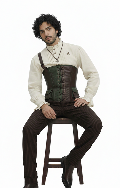 The Ironwood Ranger: Men’s Asymmetric Leather Harness Vest | Green & Brown Two-Tone