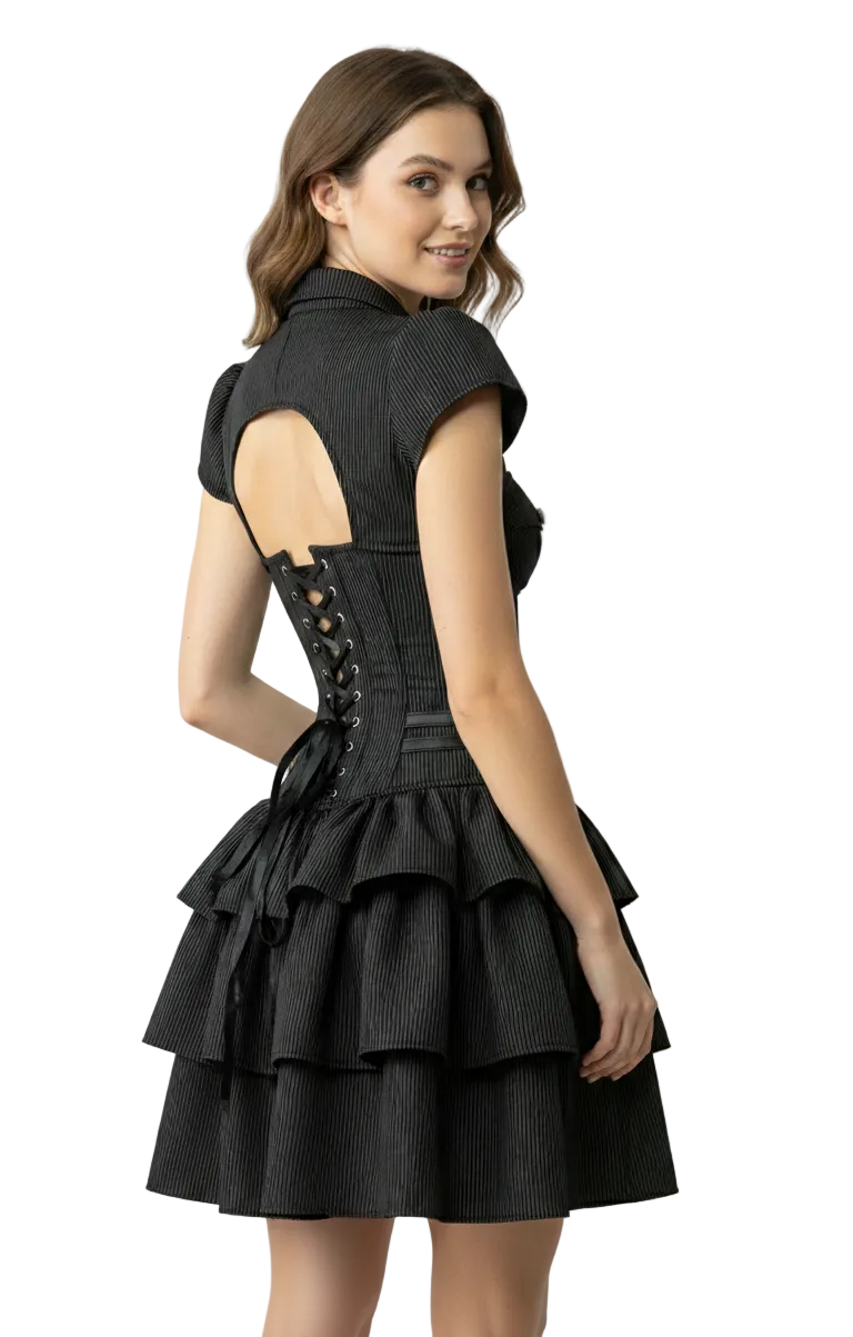 Rear view showing the full back lacing system. The corset laces allow for a customizable fit through the torso, flaring out into a ruffled skirt.