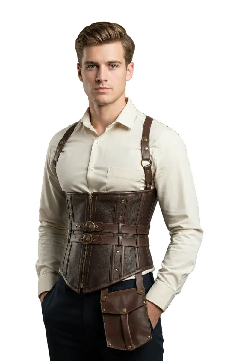Front view of men's brown faux leather underbust corset with shoulder harness straps. Features brass buckle details, front zipper closure, and a detachable hip utility pouch. Styled as steampunk adventurer gear.