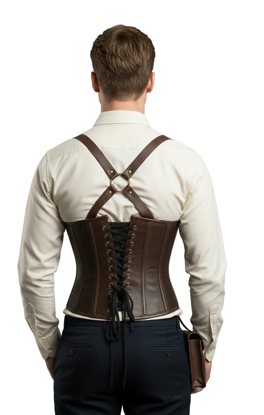 Rear view of men's waist cincher showing adjustable cord lacing for custom fit and posture support. The shoulder straps cross at the upper back in a harness style.