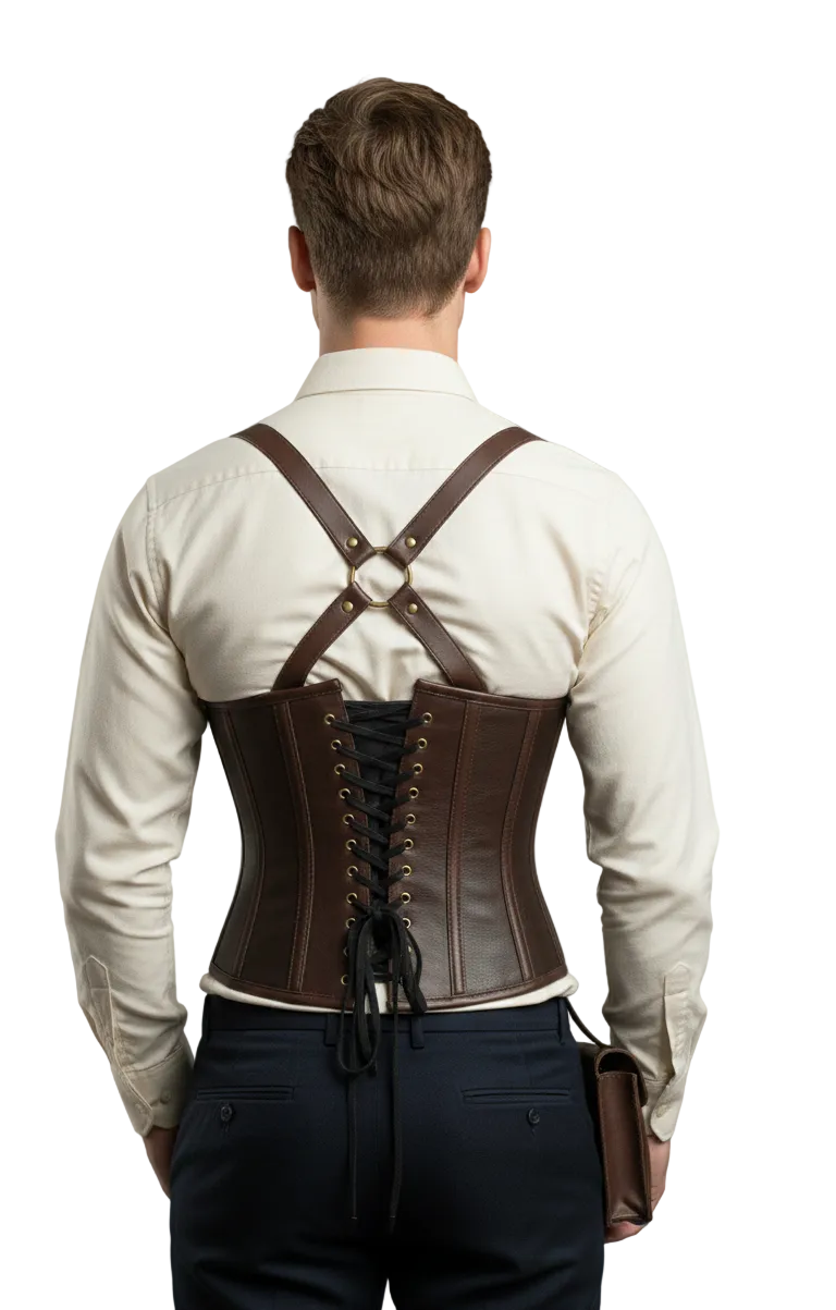 Rear view of men's waist cincher showing adjustable cord lacing for custom fit and posture support. The shoulder straps cross at the upper back in a harness style.
