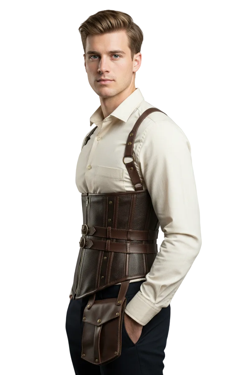 Side profile of male model wearing a structured leather corset vest, highlighting the slimming waist effect and the tactical pouch attachment.
