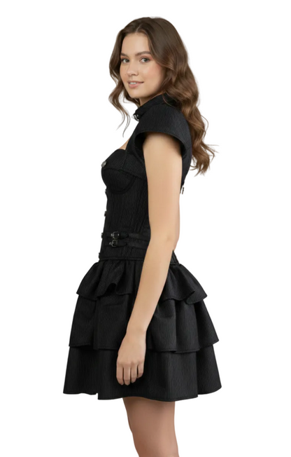 Side profile of the dress, highlighting the cap sleeves and the fit-and-flare silhouette appropriate for Gothic Lolita or Steampunk styling.