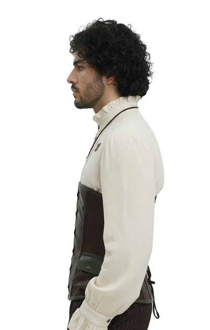Close-up of the functional leather hip pocket on the green side panel, designed for carrying small props or gear.