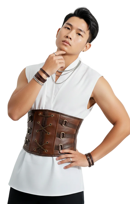 Side profile of a male model wearing a rugged brown leather waist cincher. The triple-buckle design creates a 'battle-ready' aesthetic suitable for barbarian or steampunk cosplay.
