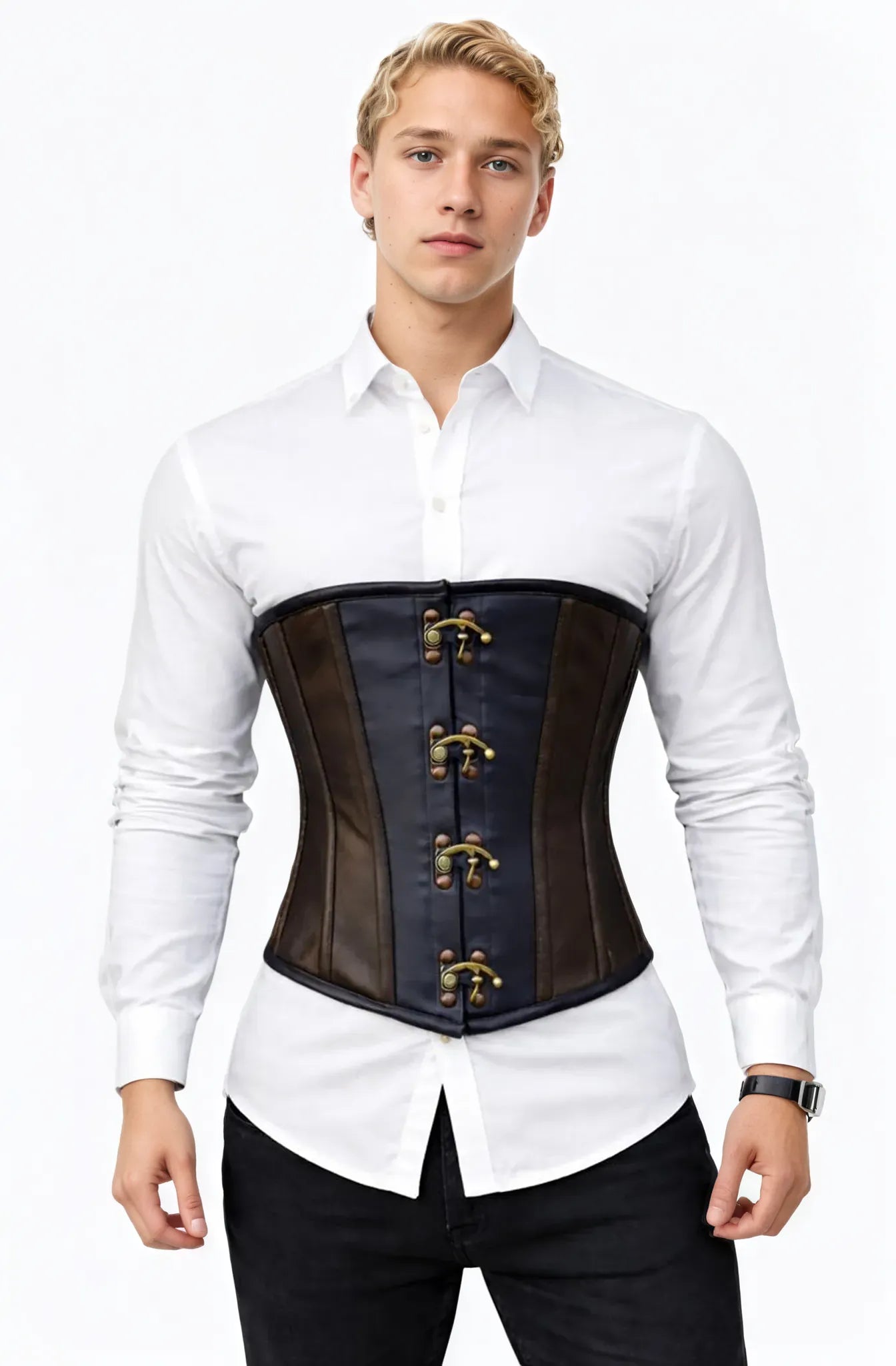 Front view of The Viceroy men's leather waist cincher. Features a slimming black center panel flanked by brown leather sides. Secured with four antique brass swing-hook latches.